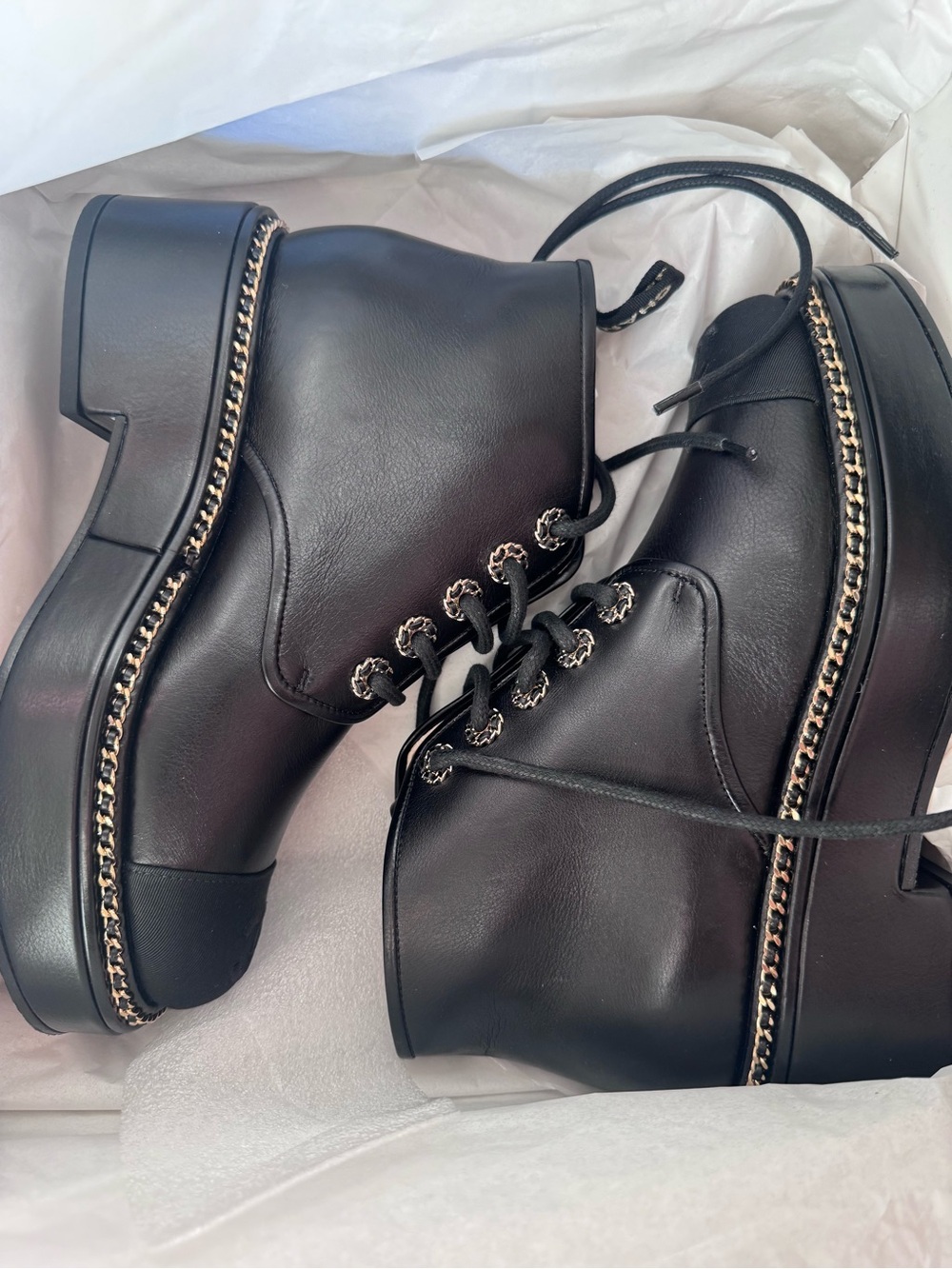 CHANEL Black Lace-Up Platform Ankle Boots with Chain Accent